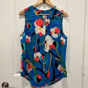 Sigrid Olsen | 100% Linen Blue Floral Button Front Top Women's Sz L
